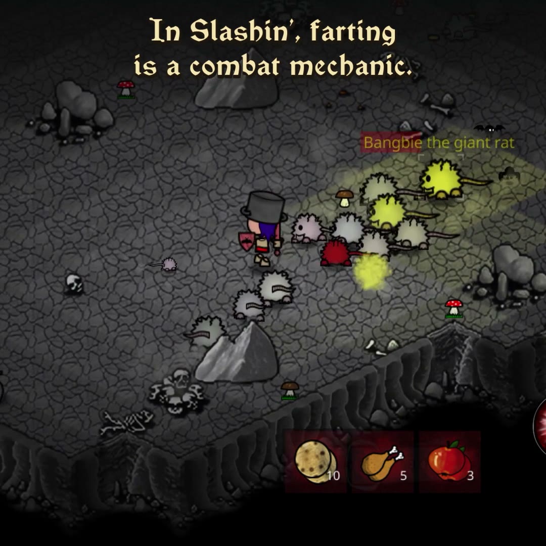 A hero wearing a cauldron surrounded by rats in a cave in Slashin’.